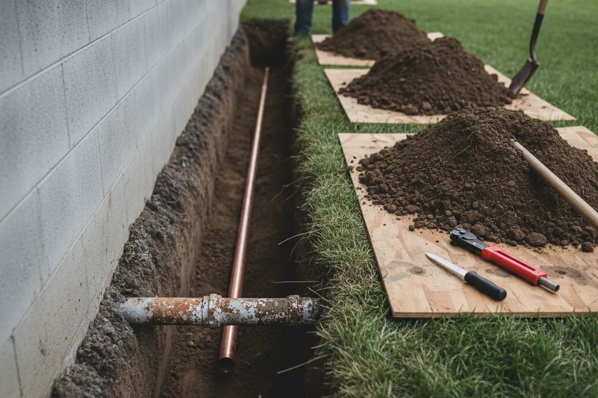 Excavated water line trench during Water Heater Repair in Munroe Falls